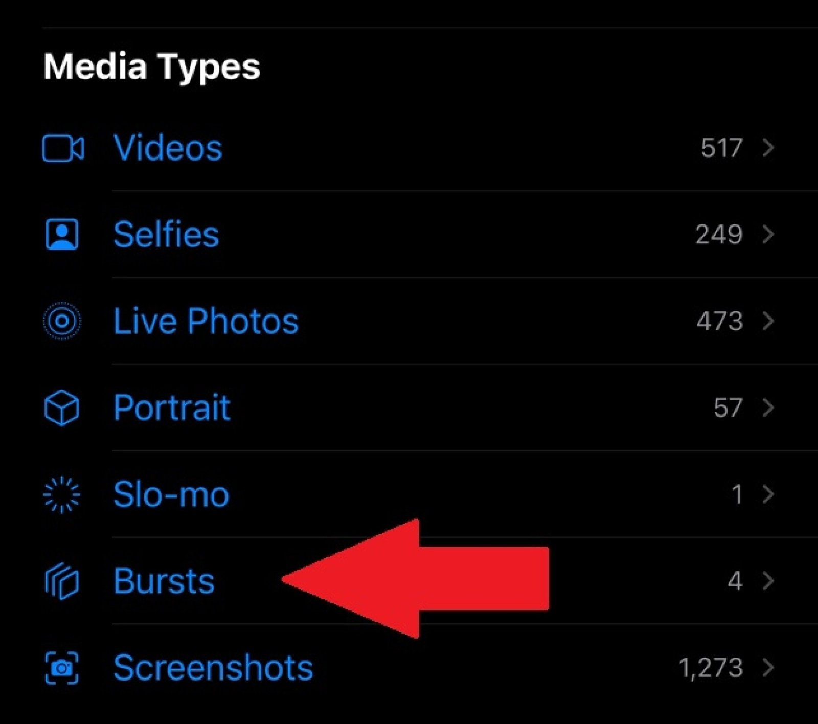 arrow pointing to view Bursts in camera roll
